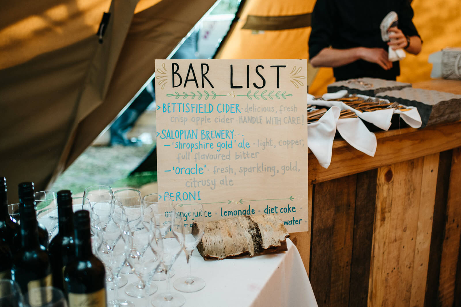 Bar List for tipi bar at Shropshire festival wedding