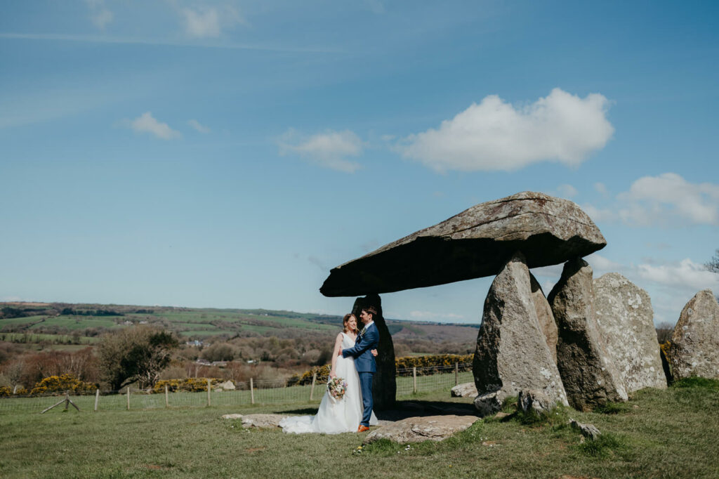 bride and groom portrait Pentre Ifan burial chamber
